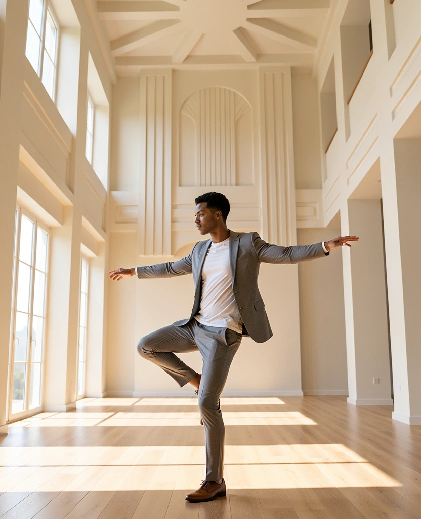 Persona practicando una rutina de equilibrio en hogar minimalista